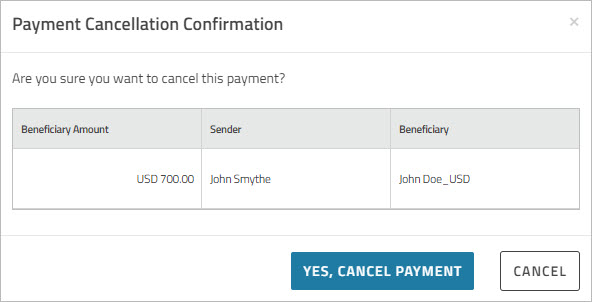 Payment Cancellation Confirmation dialog